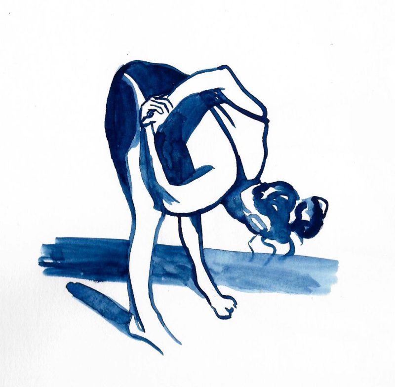 A blue watercolour sketch of a life model with her hands clasped behind her back and bending forward. She has on a bodysuit and her hair is in a bun on top of her head.