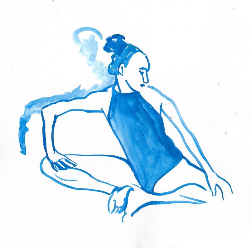 A light blue watercolour sketch of a life model. She is seated with her feet together, with her hands on her knees. She's leaning toward her right knee and looking left.