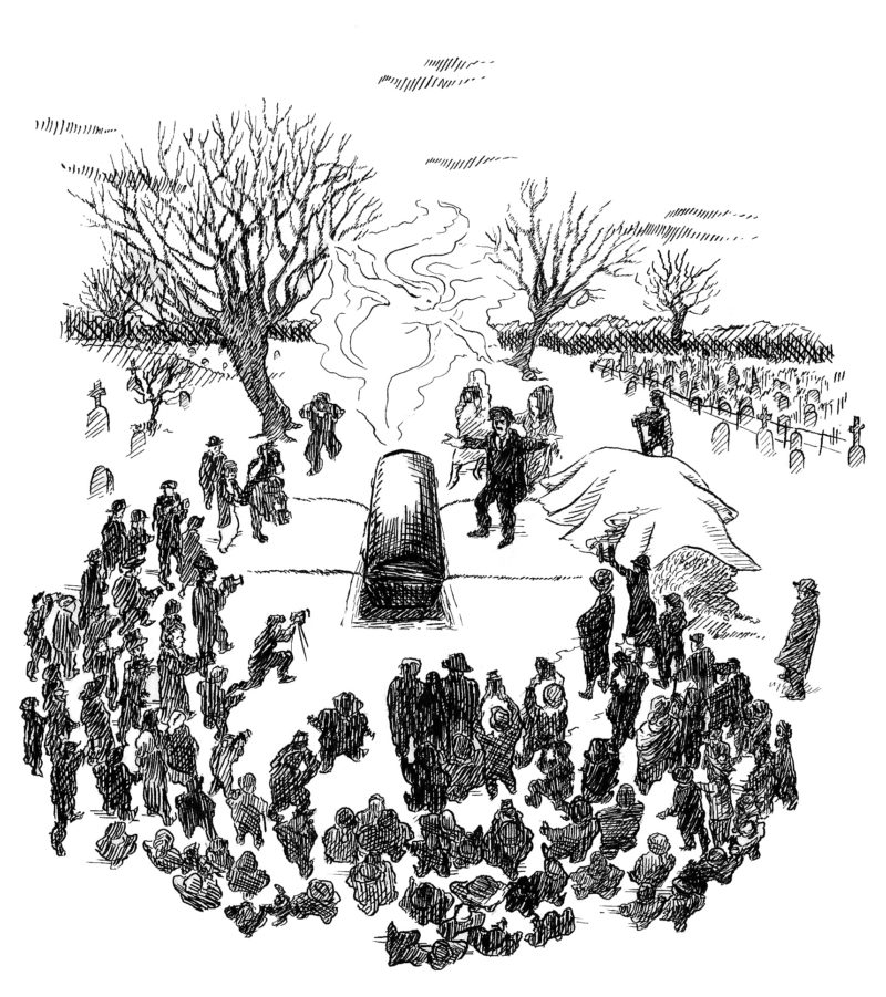 A pen and ink drawing of a Victorian burial scene. A ghostly smoky figure is floating over the crowd.
