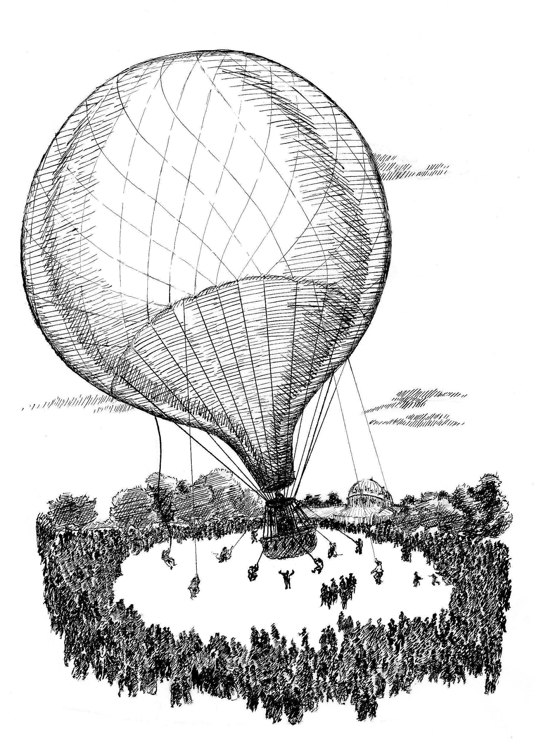 A pen and ink illustration of a Victorian hot air balloon taking off, surrounded by a large crowd.
