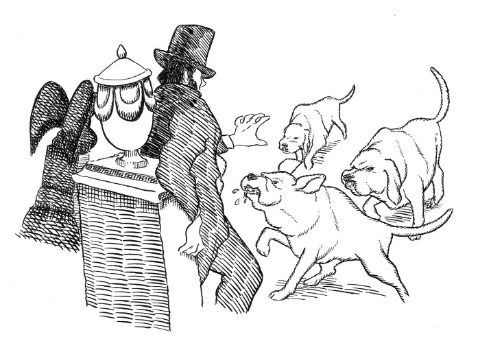 A pen and ink illustration of a man in a top hat being approached by three angry dogs.