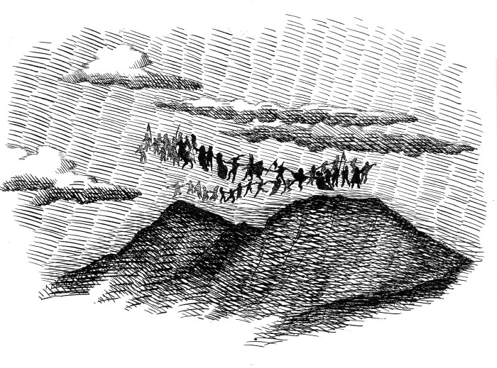 A pen and ink drawing of a hill in the distance with a darkened sky, and a parade of floating figures above the hill.