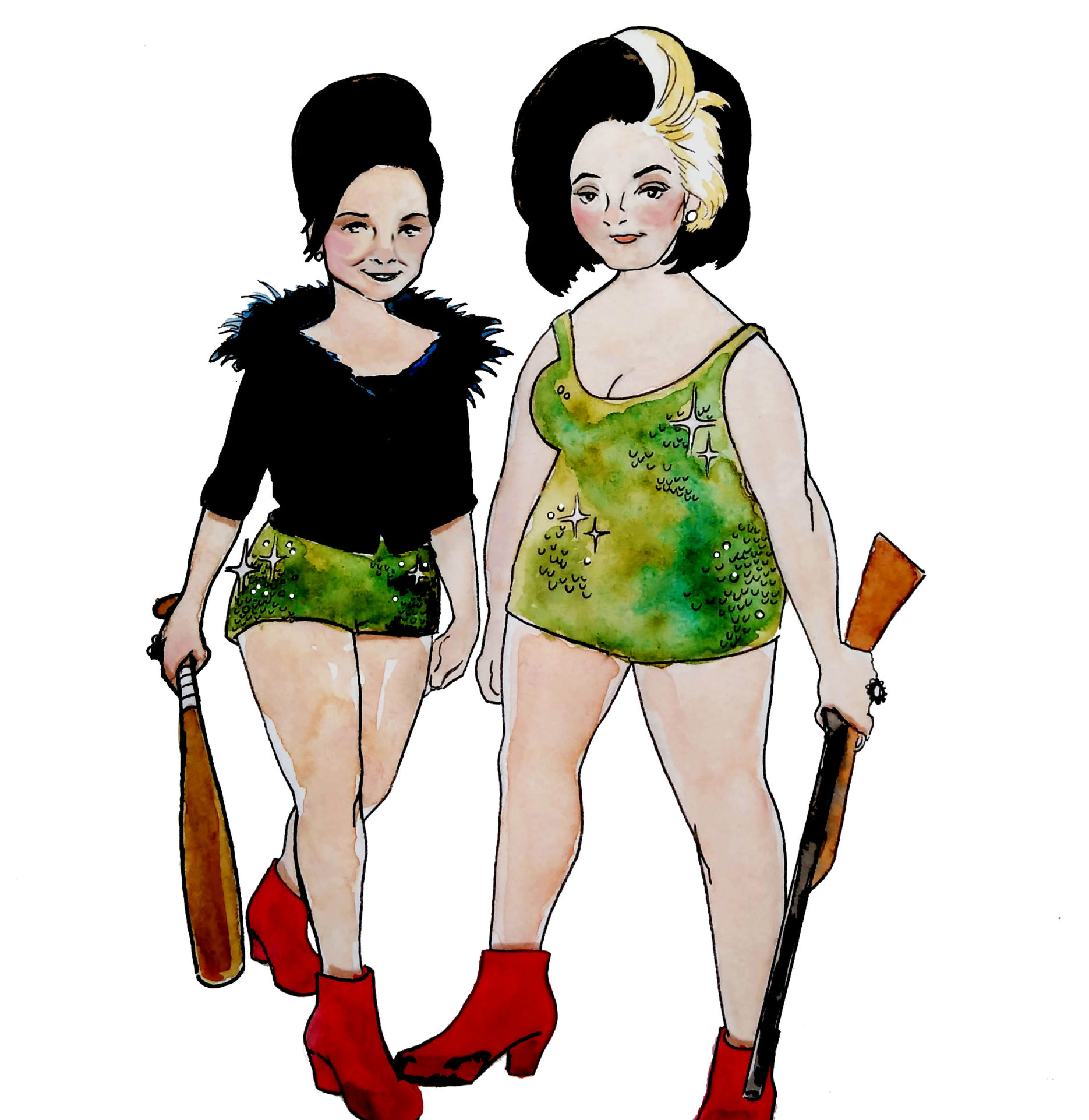 A watercolour painting of Kiri and Rachel, hosts of the "All Killa No Filla" podcast wearing matching green sequined outfits and red boots. Rachel has a black cardigan with a feather collar and Kiri has a blonde streak. Rachel is holding a bat and Kiri is holding a rifle.